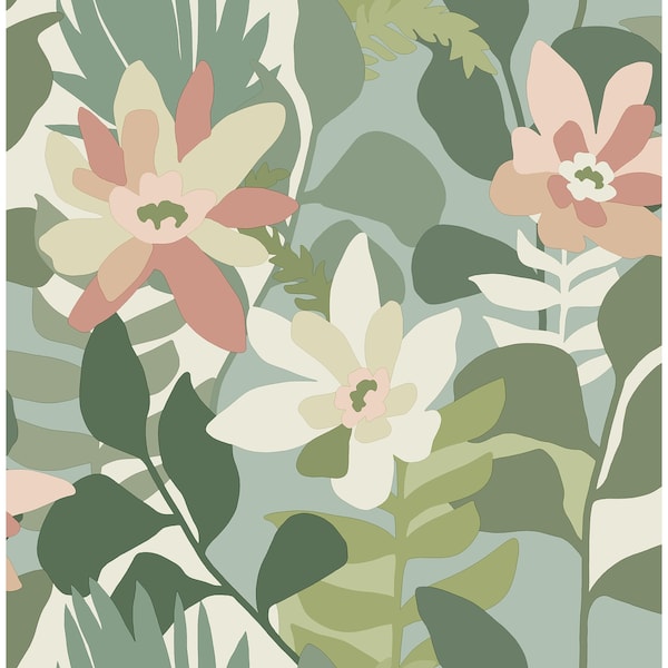 Manhattan Comfort Preston Koko Green Floral 33 ft L X 205 in W Wallpaper BR4014-26452 - main